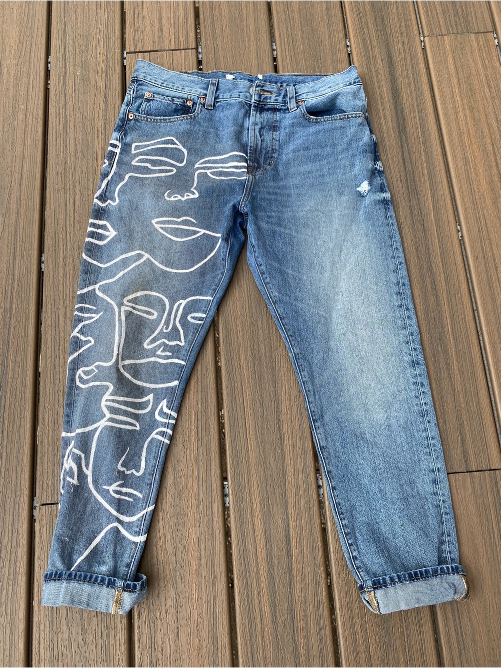 Hand Painted Artistic Face Print Jeans